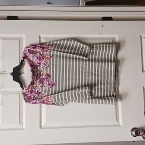 Karen Scott Floral Striped Blouse Women Sz 0X Studded Purple Grey 3/4 Sleeve